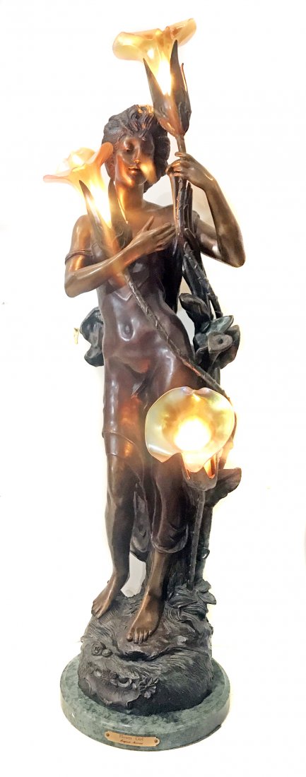 AFTER A MODEL BY AUGUSTE MATHURIN MOREAU (1834-1917): AFTER A MODEL BY AUGUSTE MATHURIN MOREAU (1834-1917) American, 20th century "Flower Girl Lamp" patinated bronze and mottled green marble base 96 cm., 38 in. high
