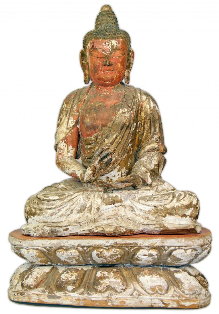 CHINESE POLYCHROME-DECORATED CARVED WOOD FIGURE (1 of 9)