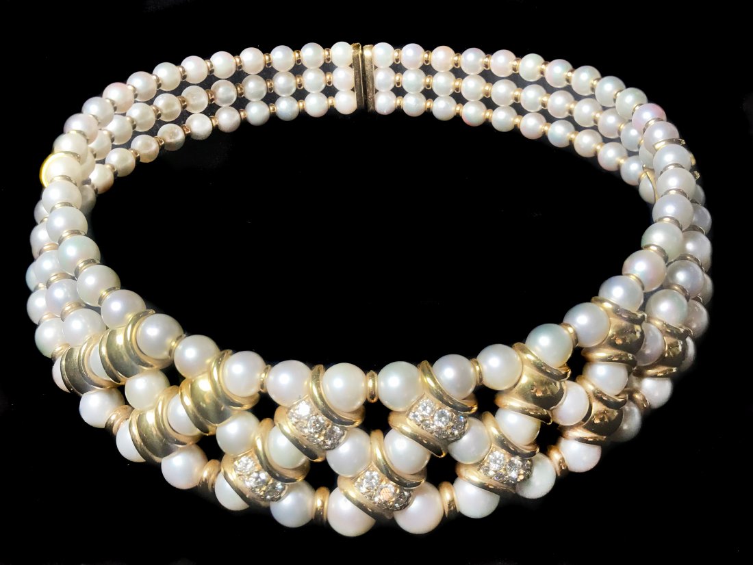 CULTURED PEARL 18KT GOLD AND DIAMOND CHOKER (1 of 1)