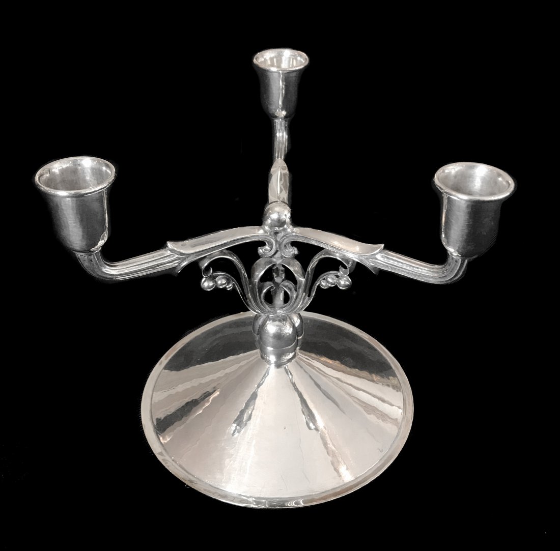 ART DECO STYLE STERLING SILVER LIGHT CANDELABRUM: ART DECO STYLE STERLING SILVER LIGHT CANDELABRUM. Maker: Max Reig. The circular domed base and short stem supporting three candle arms. Weight aprox. 19.3 ozt. Height 6 1/2 in.