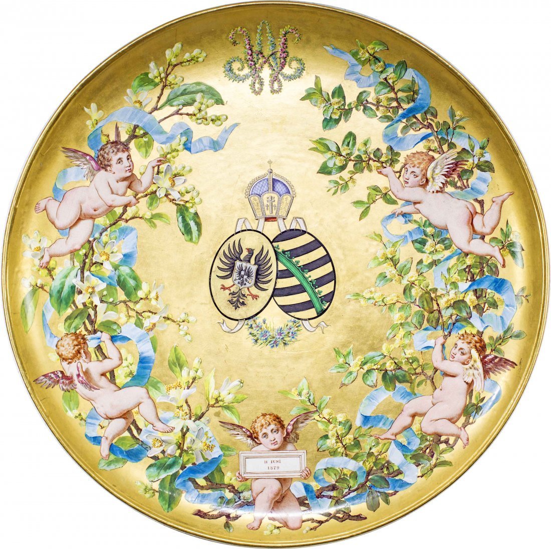 MINTON GOLD GROUND ARMORIAL PRESENTATION CHARGER: MINTON GOLD GROUND ARMORIAL PRESENTATION CHARGER 1879. Designed by E.G. Goode, for Queen Victoria to commemorate the Golden Wedding anniversary of King Wilhelm I of Prussia, with the arms of Saxony an