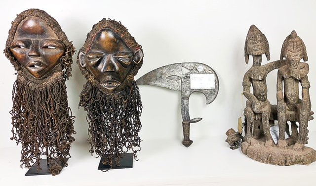 TWO DOGON MASKS, A DOGON FIGURAL & A MANGBETU KNIFE (1 of 12)