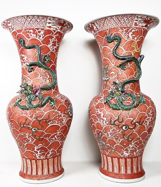 PAIR OF CHINESE IRON RED PORCELAIN YEN YEN VASES (1 of 8)
