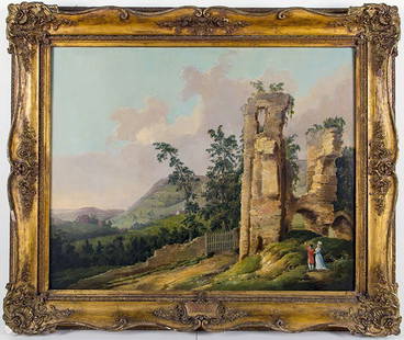 JOSEPH FARINGTON (1747-1821) RUINS OF ROSLYN CASTLE: Joseph Farington, RA (British, 1747-1821) COUPLE CONTEMPLATING RUINS OF ROSLYN CASTLE IN A ROMANTIC LANDSCAPE Appears unsigned, with the original inscribed cartouche shaped signature plate oil on