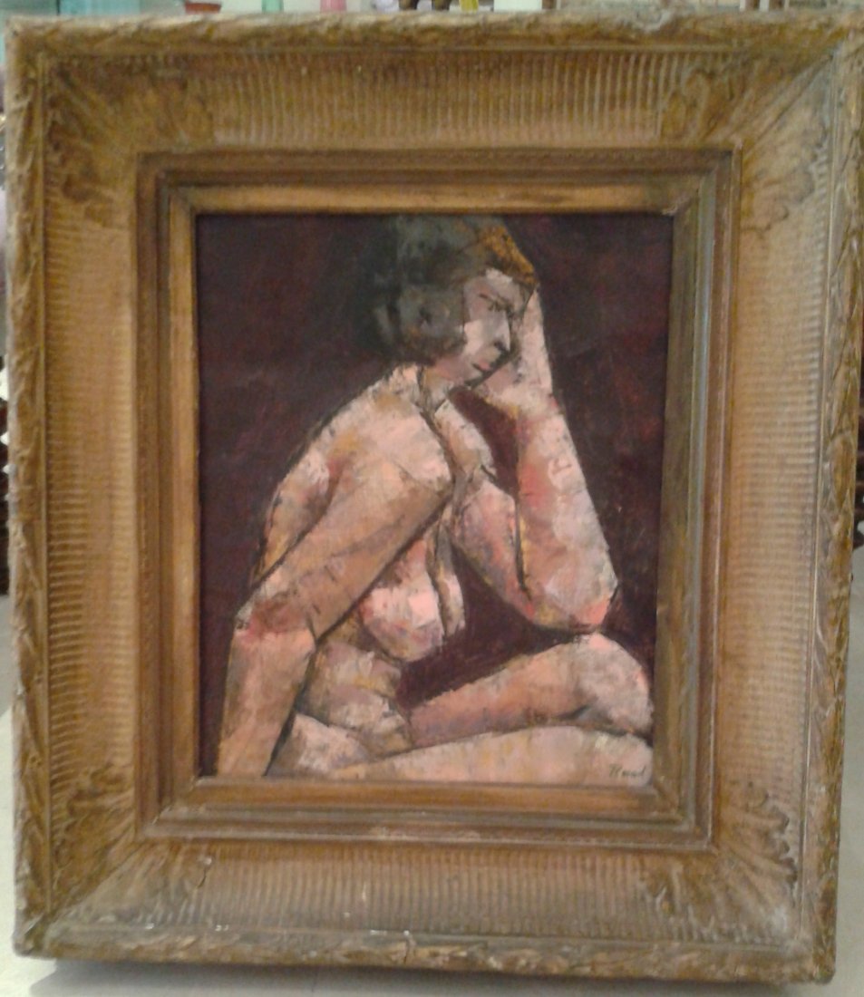 PHILIP STANDISH READ, FEMALE NUDE, O/C, 20TH C.: PHILIP STANDISH READ, (American, 1927-2000) 'Female Nude', mid 20th century signed Read, the reverse also signed oil on canvas 21 by 17 in. (includes fold over portion visible from reverse); 15 by 12 