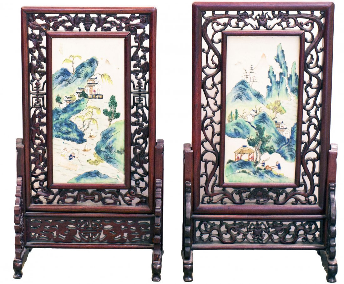 PAIR OF CHINESE FAMILLE ROSE PORCELAIN TABLE SCREEN (1 of 1)
