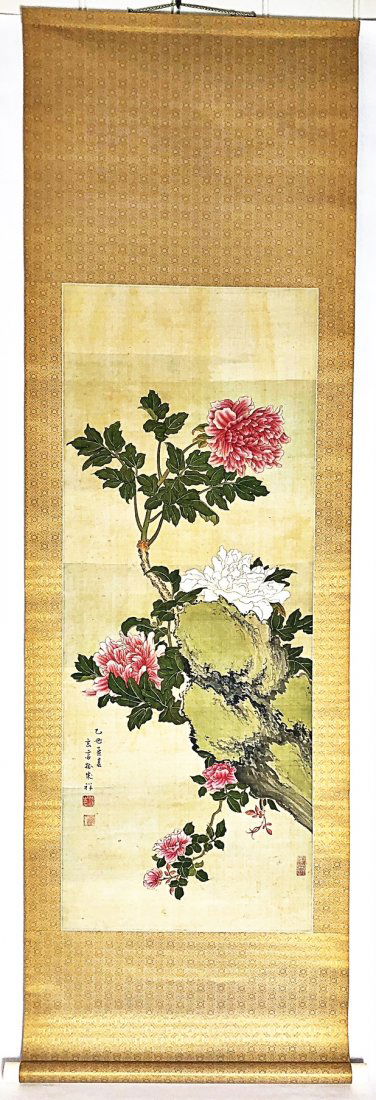 JAPANESE  FLORAL PAINTED SILK SCROLL (1 of 6)