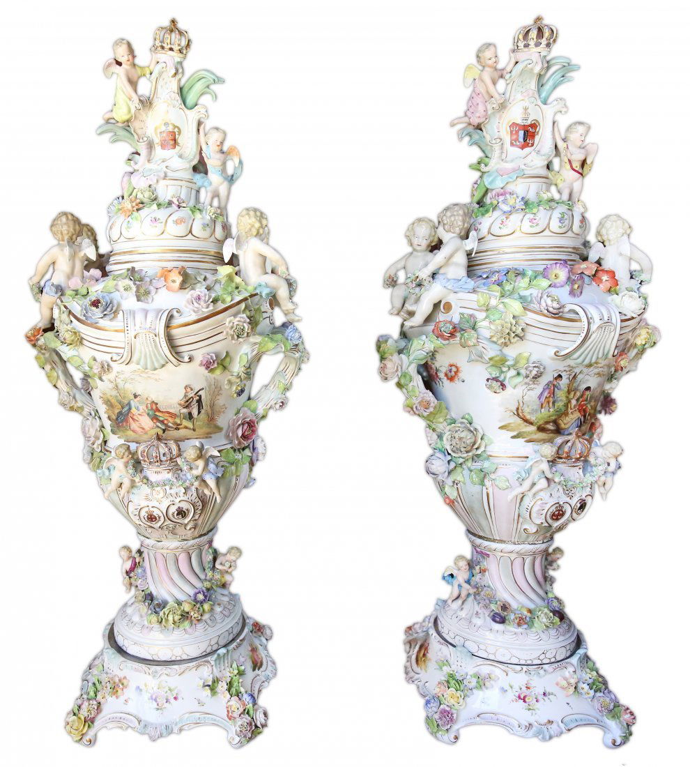 PAIR PALATIAL SIZE PAINTED WHITE GROUND PORCELAIN VASES (1 of 8)