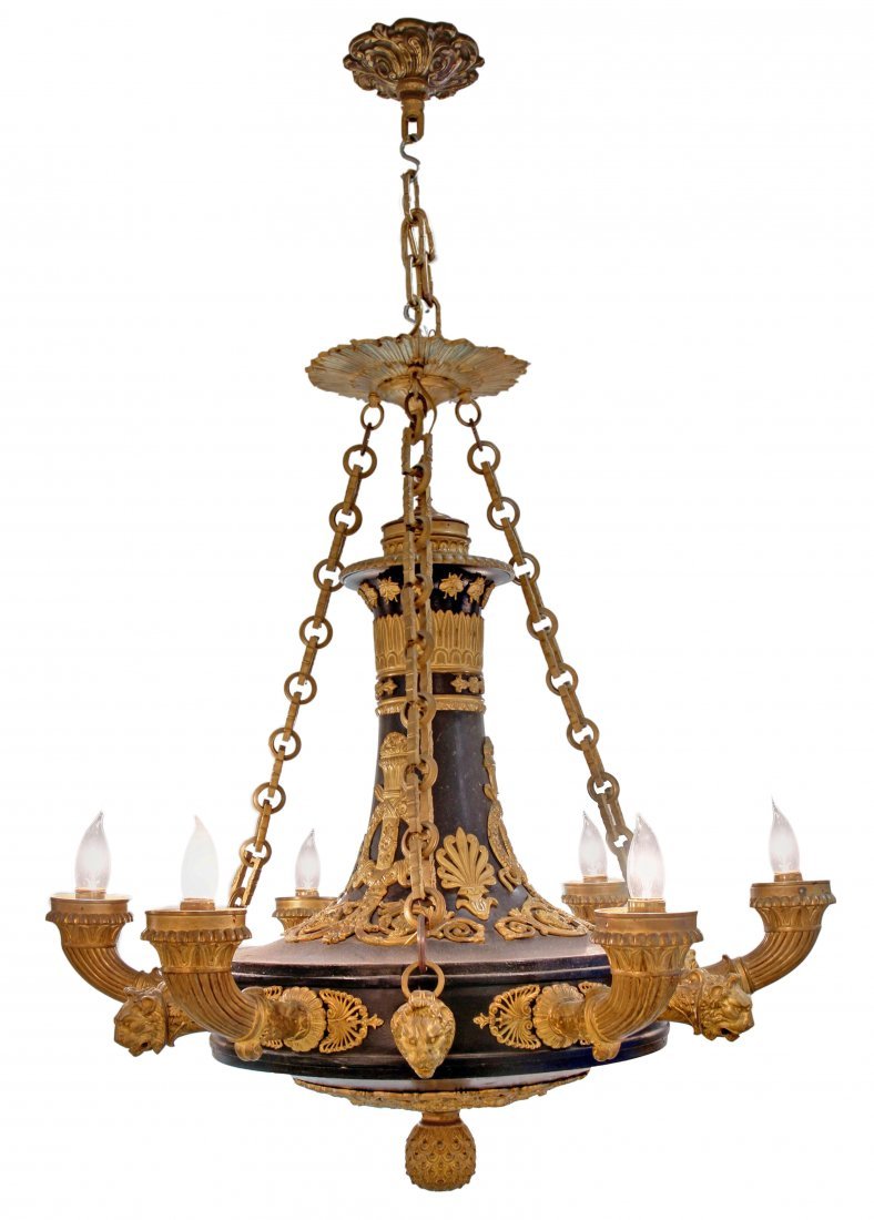 A FRENCH GILT & PATINATED BRONZE SIX LIGHT CHANDELIER (1 of 4)