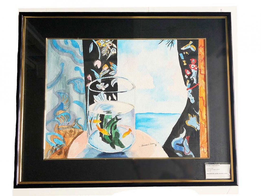 BERNARD L. COHEN, (American), watercolor on paper: Property of Lynn University, Sold to Benefit the Library Renovation Fund No Minimum, No Reserve BERNARD COHEN, (American) Still Life of Fish By The Window, 1991 signed, dated 91 watercolor on paper Fr