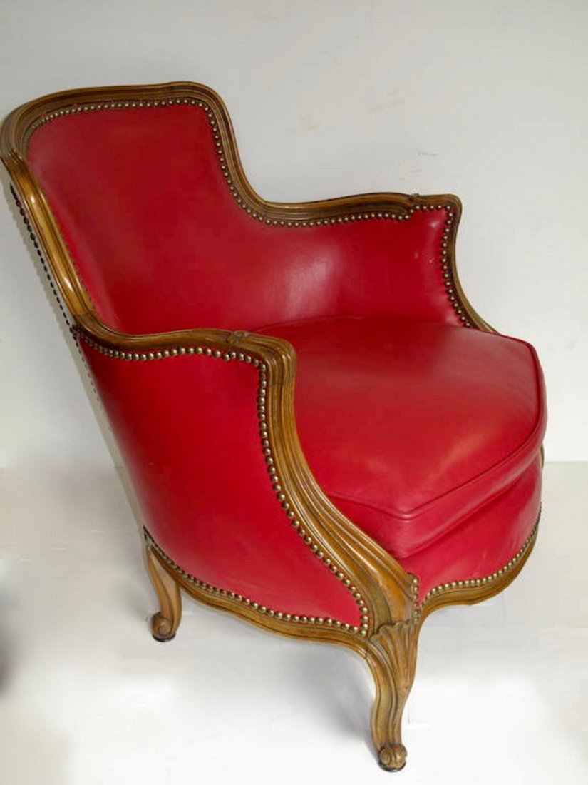 ASSEMBLED PAIR LEATHER UPHOLSTERED WALNUT LOW BERGERES (1 of 6)