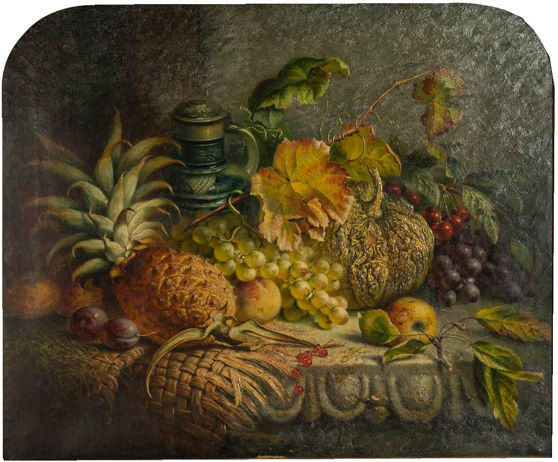 Charles Stuart (Fl. 1854-1868) Oil on Canvas: Select Works from A Texas Home Charles Stuart (Fl. 1854-1868) "Grapes, Pineapple, Plums, Apple, Jug and a Gourd on a Straw Covered Ledge" Signed Charles Stuart and dated 1866 l/l. Oil on Canvas. Measu