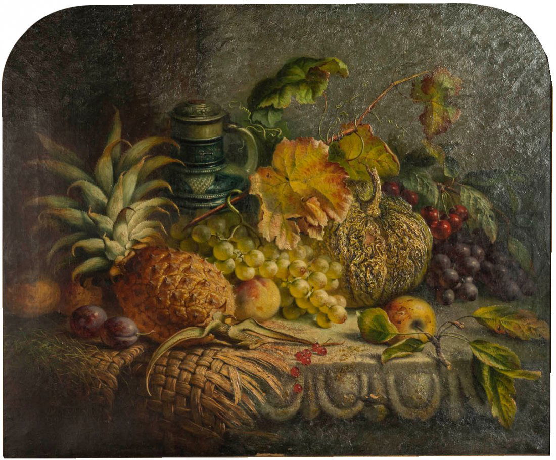 Charles Stuart (Fl. 1854-1868) Oil on Canvas: Select Works from A Texas Home Charles Stuart (Fl. 1854-1868) "Grapes, Pineapple, Plums, Apple, Jug and a Gourd on a Straw Covered Ledge" Signed Charles Stuart and dated 1866 l/l. Oil on Canvas. Measu