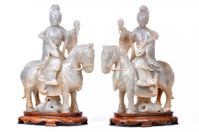 Pair of Jade Maidens on Horseback