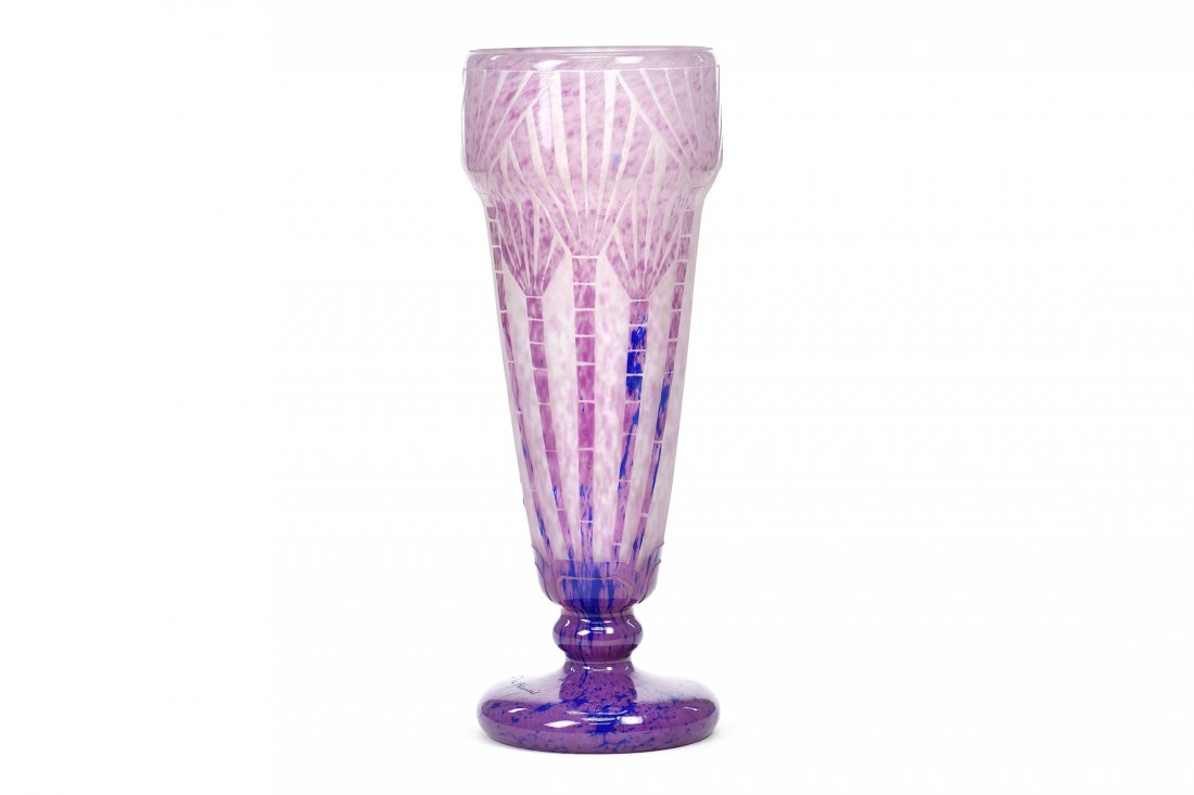 A LE VERRE FRANÇAIS CHARDER ETCHED GLASS VASE: A LE VERRE FRANÇAIS CHARDER ETCHED GLASS VASE CIRCA 1930 thick mottled glass deeply etched with square motifs etched signature Degúe. Height 11.25 in. (28.57 cm.) Width 4 in. (10.16 cm.) Depth 4 in.