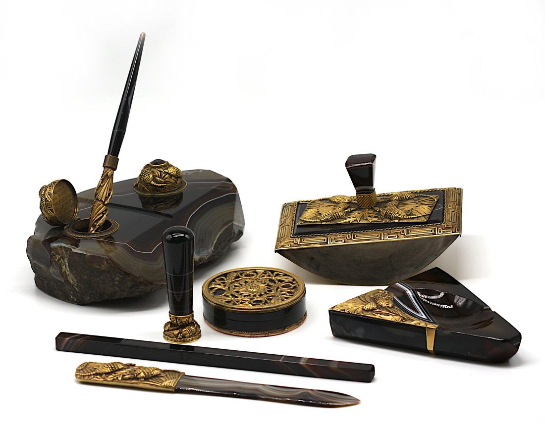 A Nine-Piece Gilt-Metal and Stone-Inlaid Assembled Desk Set (1 of 3)