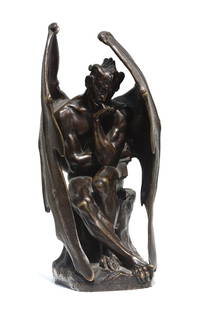 Jean-Jacques Feuchere, (French, 1807-1852) Bronze Satan, 1833: Jean-Jacques Feuchere, (French, 1807-1852) Satan, 1833, patinated bronze, signed, with foundry, E. de Labroue & Cie, plaster version was exhibited at the salon in 1834, his bronze in 1835. Height 9