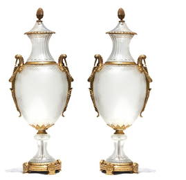 Fine Pair of Monumental Baccarat Gilt Bronze and Cut Glass Vases