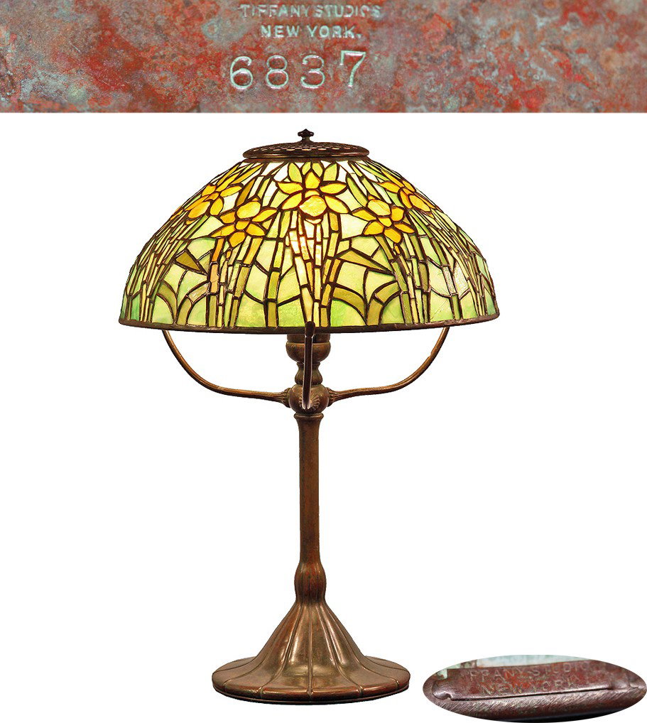 Tiffany Daffodil leaded glass and bronze table lamp,: Tiffany Daffodil leaded glass and bronze table lamp, Circa 1910. Shade stamped TIFFANY STUDIOS NEW YORK, base stamped TIFFANY STUDIOS NEW YORK 6387. Provenance: Sotheby's, New York, 4 February 1981, l