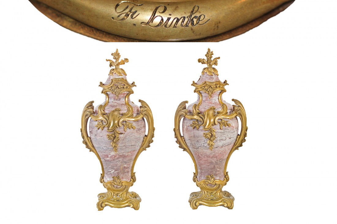 A beautiful pair of french ormolu-mounted marble va: A beautiful pair of french ormolu-mounted marble vases and covers by Francois Linke, Paris, Late 19th/early 20th century. Each Violette de Villette marble baluster body surmounted by a cover with an a
