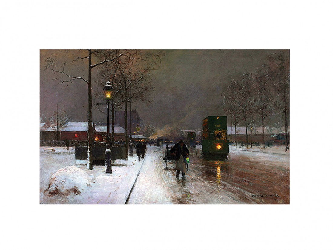 Edouard Leon Cortes (French, 1882-1969) A Twiligh: Edouard Leon Cortes (French, 1882-1969) A Twilight Winter Street Scene of Rue du Faubourg Saint Antoine Oil on canvas 32"x51" signed and dated lower right "Edouard Cortes 1908"