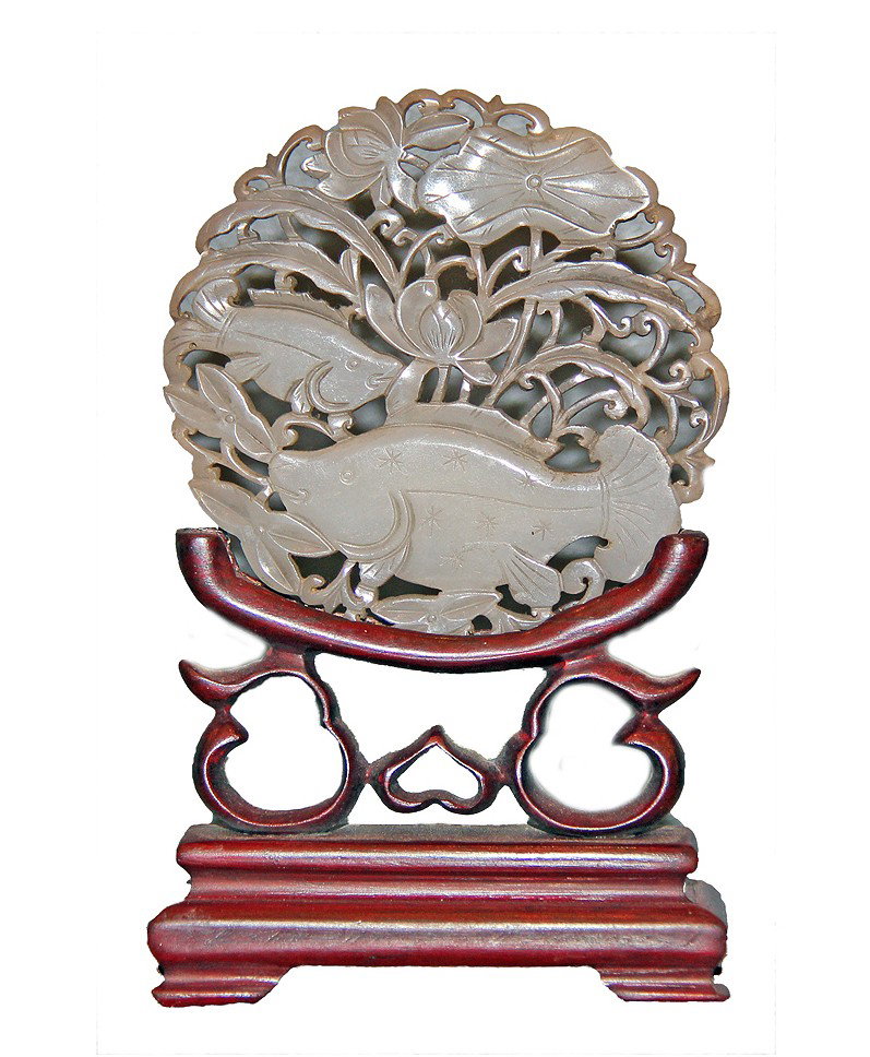 Jade Medallion 2 Fish, on Wooden Base: Jade Medallion 2 Fish, on Wooden Base H: 5 1/2" x W: 3 1/2" x D: 1 1/4"