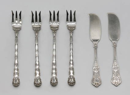 Four Gorham Sterling Silver Cocktail Forks & Pair of Sterling Butter Spreads: Four Gorham Sterling Silver Cocktail Forks & Pair of Sterling Butter Spreads. Marked. Length 5.5 in. 3.4 troy ozs.