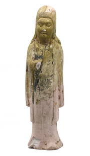Chinese Tang Dynasty Parcel Glazed Earthenware Priestess: Chinese Tang Dynasty Parcel Glazed Earthenware Priestess. The standing figure with long robes and a headrest, remnants of the original pale green glaze. Height 10 in., Width 2.75 in.