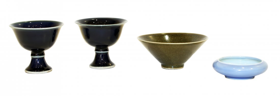 GROUP OF FOUR CHINESE MONOCHROME PORCELAIN ARTICLES: GROUP OF FOUR CHINESE MONOCHROME PORCELAIN ARTICLES Each containing a pseudo 18th Century character mark on underside. A pair of Royal Mohamedan blue chalice vases, Height 1 1/4in. (3.5cm.), Width 3 3