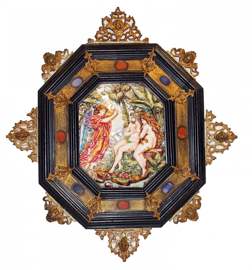 PAIR OF ITALIAN CAPODIMONTE PORCELAIN PLAQUES, C 1900: PROPERTY FROM A BOCA RATON ESTATE: A PAIR OF ITALIAN CAPODIMONTE PORCELAIN PLAQUES, CIRCA 1900 Depicting religious themes, mounted in elongated octagonal ebonized and gilt-metal mounted frames, Naples