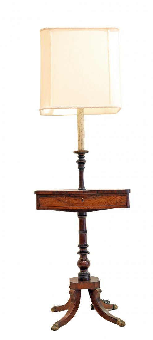 ENGLISH REGENCY STYLE SIDE TABLE MOUNTED AS FLOOR LAMP: PROPERTY FROM A BOCA RATON ESTATE: AN ENGLISH REGENCY STYLE SIDE TABLE MOUNTED AS FLOOR LAMP With lovely parquetry design around top of table, on pedestal base. Table; Height 37in. (95cm) by Width 16i