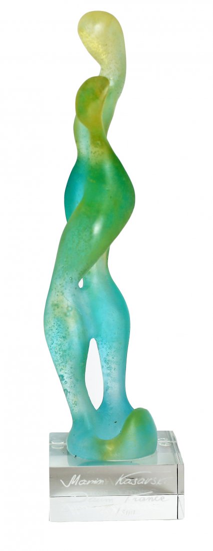 DAUM CRYSTAL "ELFE" FIGURE, FRENCH, MODERN: A DAUM CRYSTAL "ELFE" LTD EDITION FIGURE, FRENCH, MODERN A stylized figural study in frosted blues and greens, set upon a clear crystal square plinth base, designed by Marim Kasarski, signed Marim Kas