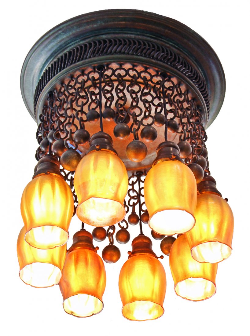 TIFFANY STUDIOS MOORISH BRONZE & GLASS CHANDELIER: Property of a Palm Beach Gentleman. A Tiffany Studios Patinated Bronze and Favrille Glass 'Moorish' Eight-Light Chandelier, circa 1900, the flush mounted ceiling fixture of circular shape with a pierc