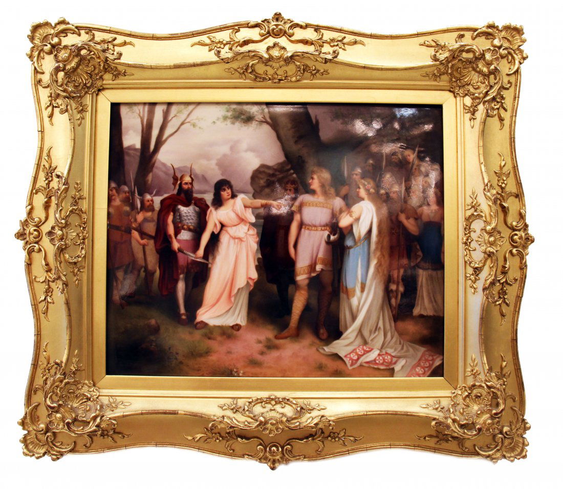 FINE KPM PORCELAIN PLAQUE, BERLIN, AN OPERETIC SCENE: A Fine KPM Painted Porcelain Plaque, Berlin. last quarter 19th century, depicting a scene from a Wagnerian opera, in a giltwood frame, impressed mark below a sceptre, s, rectangle, 315-255. Plaque: 10