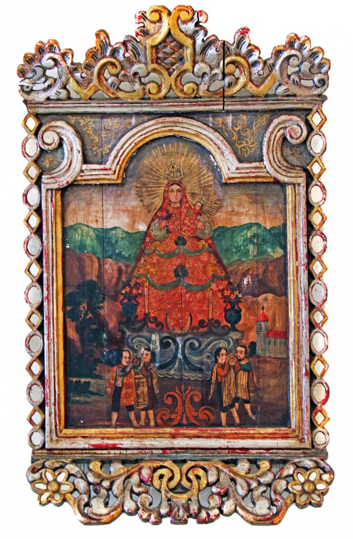 LATIN-AMERICAN SCHOOL, MADONNA AND CHILD: Latin-American School, 19th Century, Oil on Panel, Depicting Madonna and Child, Unsigned. In heavily carved mottled finish on frame. 32 in. High by 23 in. Wide. 81.3cm by 58.4cm