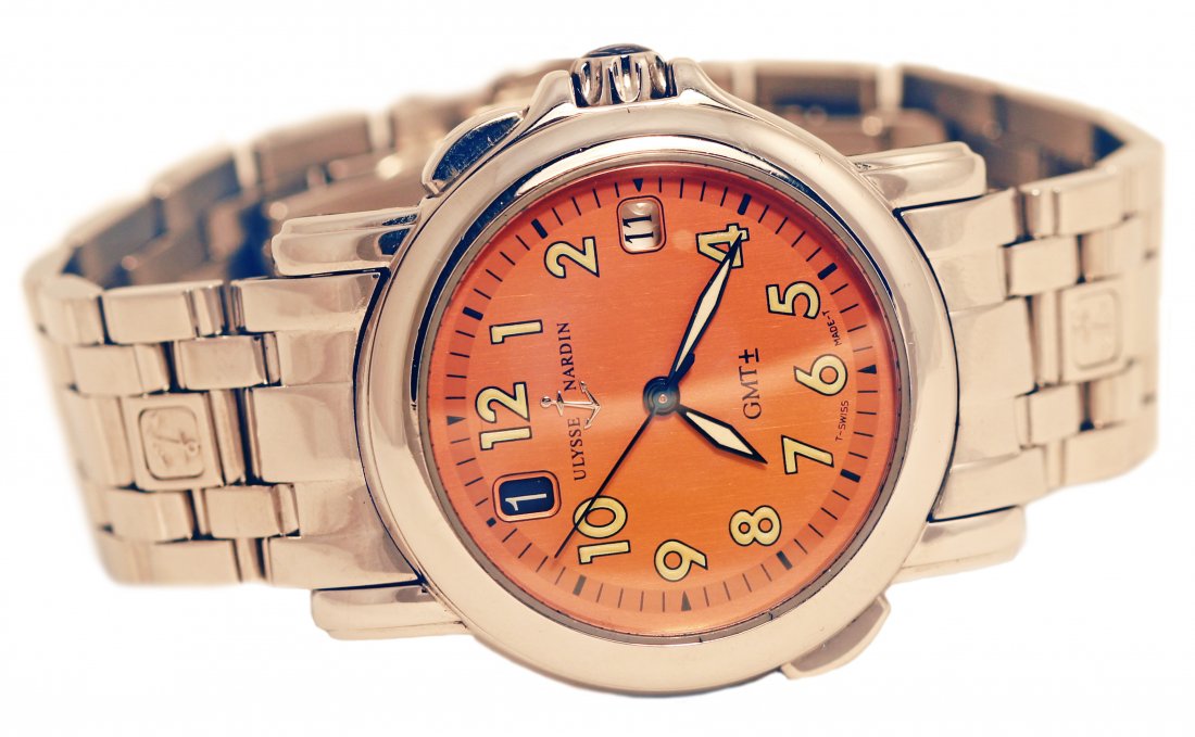 ULYSSE NARDIN SAN MARCO GMT STAINLESS STEEL WRISTWATCH: ULYSSE NARDIN SAN MARCO GMT STAINLESS STEEL WRISTWATCH. Case No. 3116, Ref. 203-22, circa 2000. Water-resistant, self-winding, center seconds, two time zone stainless steel wristwatch with date and a