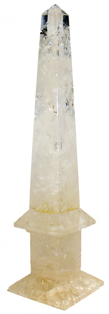 PAIR OF GOOD ROCK CRYSTAL OBELISKS: A Pair of Carved Rock Crystal Obelisks, modern, The craftsman responsible for selecting and cutting the stone possed the knowledge and insite to select crystal with significant depth and the clarity t