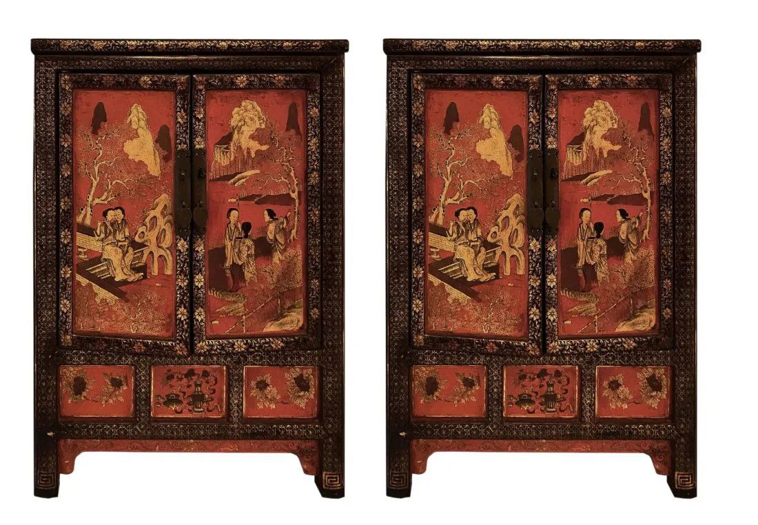 Pair of Chinese Parcel Gilt Red & Black Lacquer Cabinets (1 of 5)