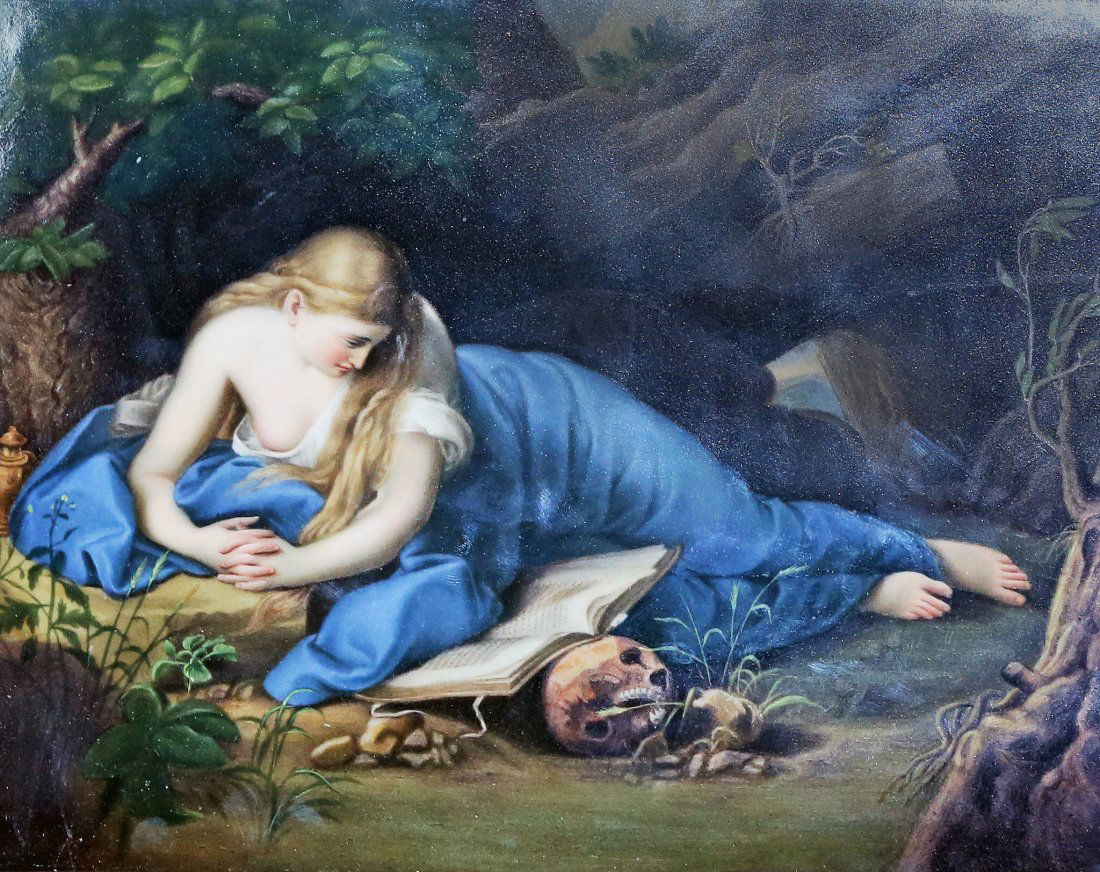 MEISSEN PORCELAIN PLAQUE: MEISSEN PORCELAIN PLAQUE Late 19th/20th Century. Blue crossed swords mark, impressed 59 H, painted 6. Finely painted after Pompeo Batoni "The Penitent Magdalene" with the recumbent Mary in blue studyi