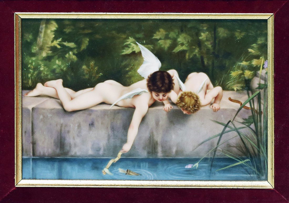 BERLIN (KPM) PORCELAIN PLAQUE: BERLIN (KPM) PORCELAIN PLAQUE Late 19th/20th Century. Signed R. Dittrich impressed with a sceptre and KPM. "Fischend Amor" after E. Munier with Cupid and another putto using his bow to fish his quiver