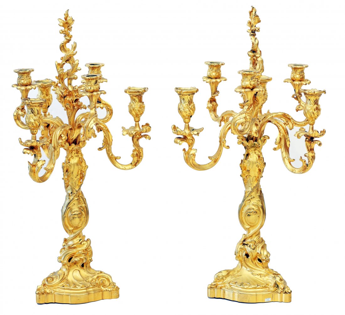 PAIR OF FRENCH LOUIS XV STYLE ORMOLU SIX-LIGHT CAND: PAIR OF FRENCH LOUIS XV STYLE ORMOLU SIX-LIGHT CANDELABRA CAST BY SUSSE FRERES FROM A MODEL BY ROBERT FRERES Late 19th Century. Inscribed Robert Fres/ Sculptrs and COPYRIGHT/ BY/ SUSSE FRERES. Each wi