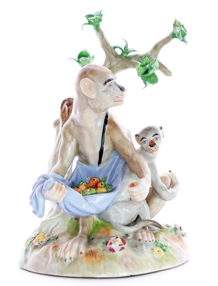 DRESDEN PORCELAIN FIGURINE TWO MONKEYS: DRESDEN PORCELAIN FIGURINE TWO MONKEYS 19th Century. Blue under glaze mark TS DRESDEN for Carl Thieme underside. Height 7 inches.