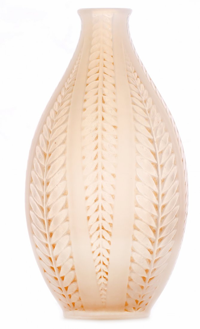 RENE LALIQUE CASED OPALESCENT GLASS "ACACIA" VASE: RENE LALIQUE CASED OPALESCENT GLASS "ACACIA" VASE Signed R. Lalique France underside. Height 8 1/4 inches. Literature: R. LALIQUE by Felix Marcilhac, number 949, page 428, illustrated.