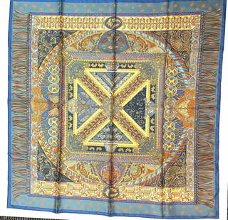 Hermes Silk Scarf, Sur Un Tapis Volant..: Hermes Silk Scarf, Sur Un Tapis Volant, designed by Annie Faivre, with ribbon-tied box. 35 by 35 in.