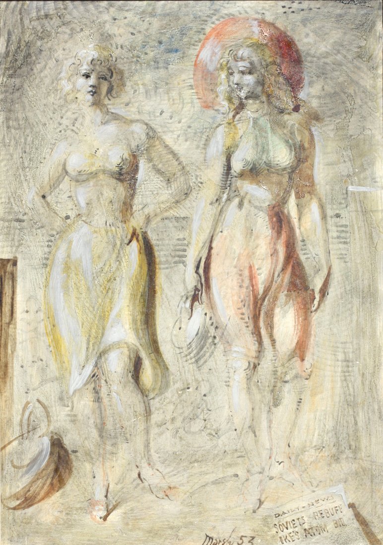 Reginald Marsh, (American, 1898-1954), Painting: Reginald Marsh, (American, 1898-1954) Two Young Women, 1953, a double-sided work oil on panel, signed, dated, lower center, Marsh, 53, the reverse also signed, dated, 53 the reverse also with paper la