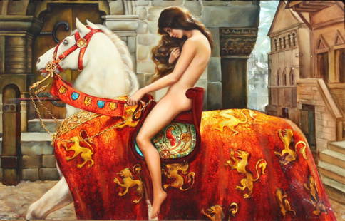 C. Pedocckuho, (probably Russian, 20th Century), Mixed Media: C. Pedocckuho, (probably Russian, 20th Century) Lady Godiva, after John Collier’s, Lady Godiva, 1897 signed in both Latin script, C. Pedocckuho, l.l. and Cyrillic, Kobranko, l.r., mixed media, 