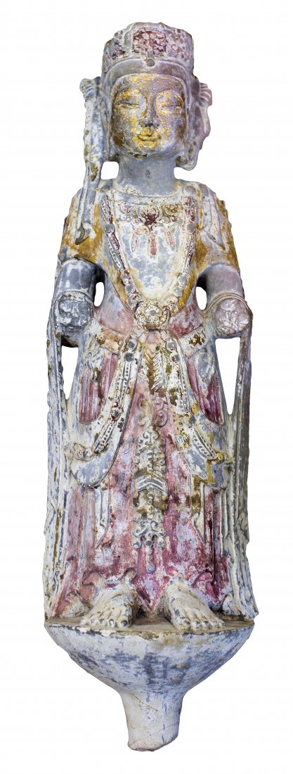 CHINESE CARVED LIMESTONE FIGURE OF GUANYIN: CHINESE CARVED LIMESTONE FIGURE OF GUANYIN Attributed to the Northern Wei Dynasty (386-557 AD). Height 29 3/4 Width 9 inches. Provenance: Raymond Mitchell Collection, Sydney, Australia.