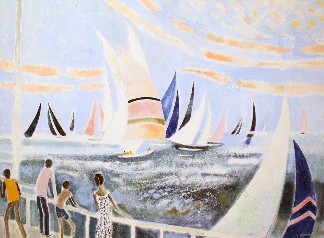 CLAUDE GROSPERRIN (French 1936-1977): 63. CLAUDE GROSPERRIN (French 1936-1977) "Les Bateaux Sur Mer, Regates a Trouville" signed c. grosperrin l/r. Oil on Canvas. Measuring 37 1/2 by 50 1/2 inches.