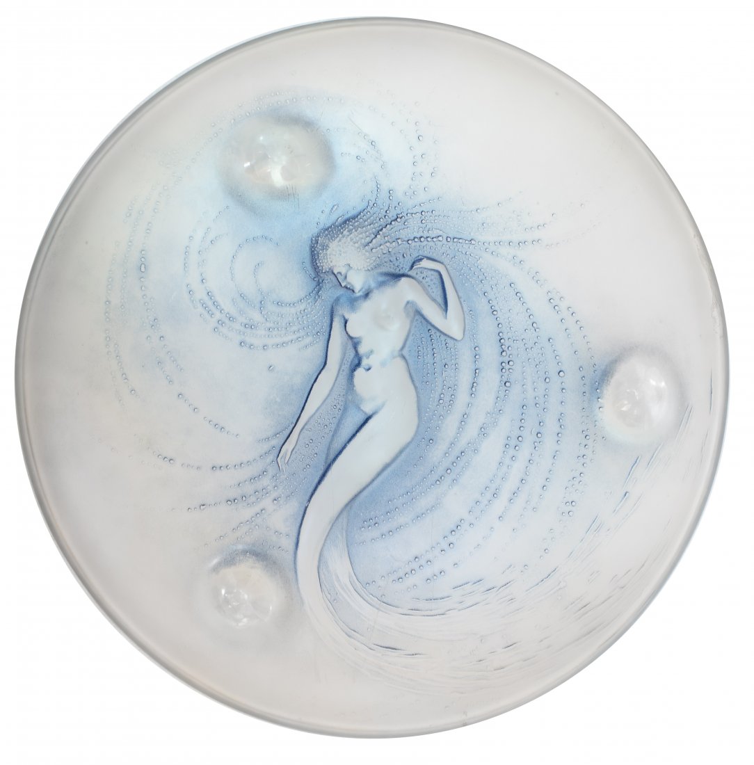 RENE LALIQUE MOLDED OPALESCENT GLASS "SIRENE" COUPE: RENE LALIQUE MOLDED CLEAR AND BLUE FROSTED GLASS "SIRENE" COUPE Circa 1920. Signed R. LALIQUE. Diameter 14 1/3 inches. Literature: R. Lalique Catalogue Raisonne by Felix Marcilhac, number 376, page 29