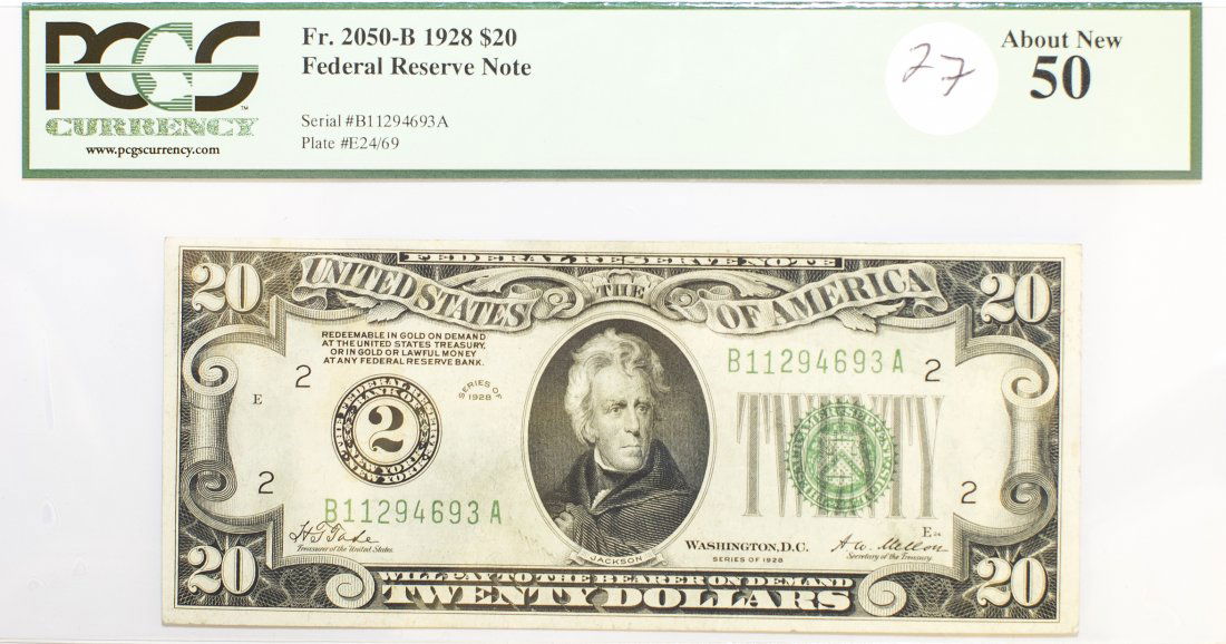 CERTIFIED 1928 TWENTY DOLLAR BILL ($20): Property of a Palm Beach Gentleman: CERTIFIED 1928 TWENTY DOLLAR BILL ($20) Serial Number B11294693A. Plate Number E24/69. Washington, D.C. Series of 1928. Issued by the Federal Reserve Bank of New Yo